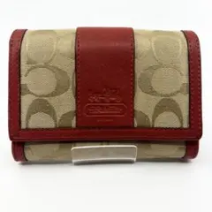 COACH　コーチ ベージュ レッド 赤 二つ折り財布　シグネチャー