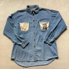 【ヴィンテージデニムシャツ】長袖ボタンシャツ 個性的 希少 メンズLサイズ相当