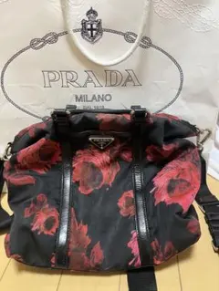 プラダ トートバッグ 2way ショルダー レザー×ナイロン A4可 黒 花柄