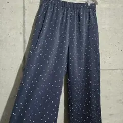 美品 栗原はるみ ドット柄ワイドパンツ ネイビー 快適ウエストゴム ゆったり M