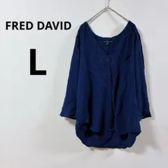 FRED DAVID 【L】Vネック ボタン付き 長袖シャツブラウス ネイビー