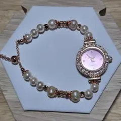 【セール】クォーツ腕時計 ピンク文字盤 ストーン付き