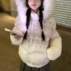 ファーフード アウター ショート ダウン ダウンジャケット ピンク 白 韓国