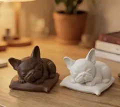 フレンチブルドッグ 置物 2個セット 眠る犬 インテリア 白と茶
