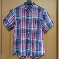 【ユニクロ】チェック柄 半袖シャツメンズ L (ネイビー ✕レッド)