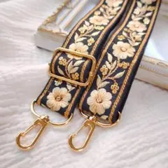 PM348 | インド刺繍リボン スマホストラップ　ブラック　インド刺繍リボン