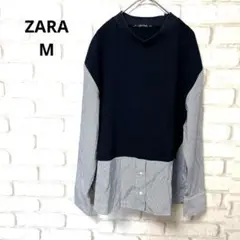 ZARA 長袖　カットソー　ドッキングシャツ　ストライプ　コットン　M