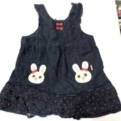 Cミキハウス90デニム ジャンバースカート ウサギ刺繍 赤いリボン付き