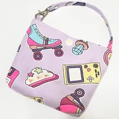 レトロ柄　バッグポーチ　パープル　ハンドメイド