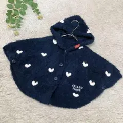 ジャラートピケ　ベビーポンチョ　80サイズ　ネイビー　フードあり　羽織　ハート柄