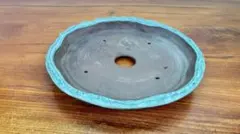 Y70 青緑色の陶器製植木和鉢の丸　山野草鉢　盆栽鉢　古鉢　27センチ