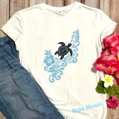 ホヌのトライバルTシャツ♡ブルー♡ハワイアン フラダンス♡海亀 青 カヒコ