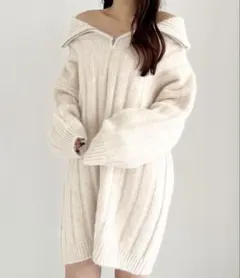 Heather オフショルZIPニットミニワンピース