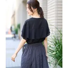 a.v.v /接触冷感 UVカット シフォンケープカットソー フリル袖 黒 L