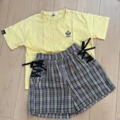 PinklatteTシャツとチェックショートパンツセット
