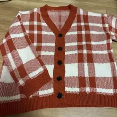 赤×白 チェック柄 ニットカーディガン