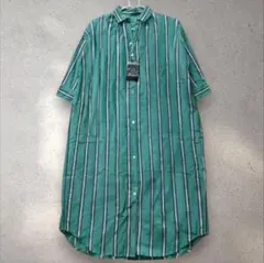 未使用品 ビューティー&ユース 七分袖シャツワンピース ストライプ 緑 グリーン