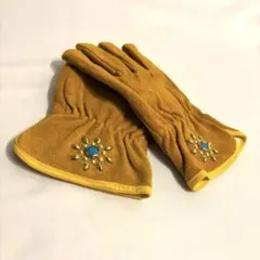 【牛革スエード】スタッズ付きレザーグローブ マスタード イエロー ターコイズ調
