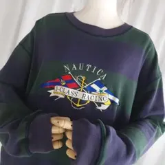 Lサイズ NAUTICA ノーティカ 刺繍 ボーダー スウェットシャツ 古着