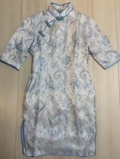 チャイナドレス 水色 Mサイズ 香港土産 シルク100%