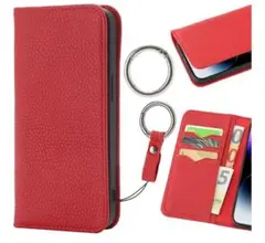 iPhone 14 Pro Max レッド 手帳型スマホケース 本革 カード収納