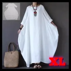マキシ丈ワンピース バルーン ロング 大きめ体型カバー 綿麻 白 XL 1cb