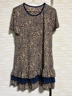 ヒョウ柄 半袖ひざ丈ワンピース M