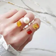No.30 琥珀とパール リング アレルギー対応 ハンドメイド
