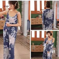 3点セット！ルームウェア ブラック 部屋着 パジャマ カーディガン 花柄