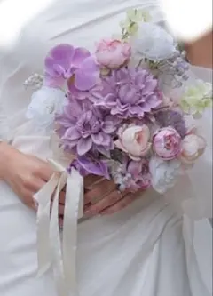 ウェディングブーケ　パープル　ピンク　ホワイト　ブートニア　前撮り