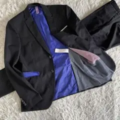【美品】ザラ　セットアップスーツ　ポケットチーフ　ストレッチ　黒　L〜XL