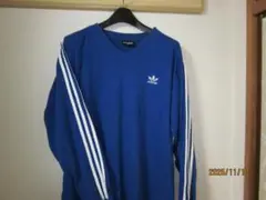 adidas 青 Vネック 長袖 TシャツサイズL