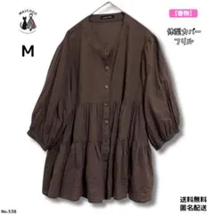 【極美品】春物 ティアードブラウス バンドカラー 体型カバー ゆったり M 茶