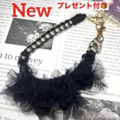 ❤️New❤️数量限定❤️　パラコード　お花のスマホストラップ　フリルリボン　ブラック