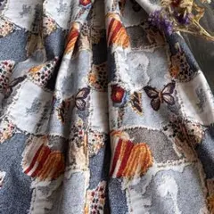 コットン生地デニム風パッチワーク柄刺繍風プリント蝶 幅145×100cm