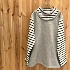 【イノーチェ】トレーナー　ハイネック　裏起毛　ボーダー柄　グレー系　大人可愛い