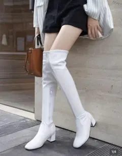 ホワイトオーバーニーブーツ サイドファスナー付き