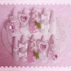 ♥現品♥ 量産型 地雷 ネイルチップ 平成女児 いちご 羽 リボン スカルプ
