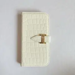 らくらくスマートフォン F-52B 手帳型ケース ホワイト ミラー付 クロコ調