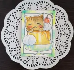手描きイラスト 原画 猫 プリン アナログ 透明水彩 ネコイラスト ネコスイーツ