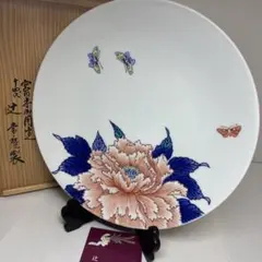 十四代　辻常陸　染錦牡丹文大皿　木箱付　幅約33㎝　東S8-1008②