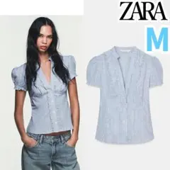 新品⭐ ZARA フリル ポプリンシャツ 青色/白色 M