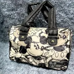 ミッキーマウス ボストンバッグ キルティング 白黒 ナイロン