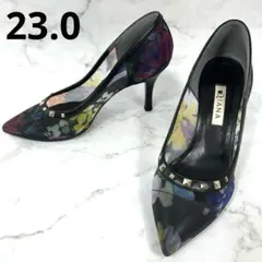 美品 ダイアナ ヒール ポインテッドトゥ 花柄 メッシュ スタッズ 黒 23