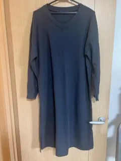 ダークネイビー Vネック リブ編み ワンピース