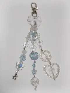 【ハンドメイド】ビーズキーホルダー ストラップ 青