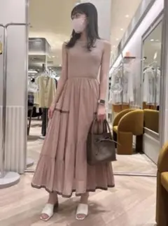 FRAY I.D ノースリーブ ニットコンビティアードワンピース ピンクベージュ