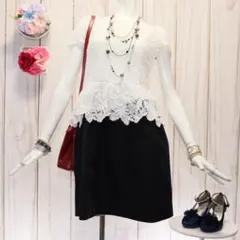 M'S GRACY 花柄レースドッキングワンピース S 白×黒 半袖 ペプラム