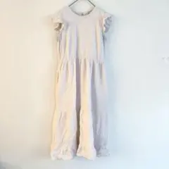 フリル袖 薄ピンク ロングワンピース S フレアスカート ノースリーブ ゆったり