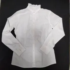 Мサイズ　スタンド襟　フリル付きホワイトストライプ長袖シャツ　良好品　ホワイト